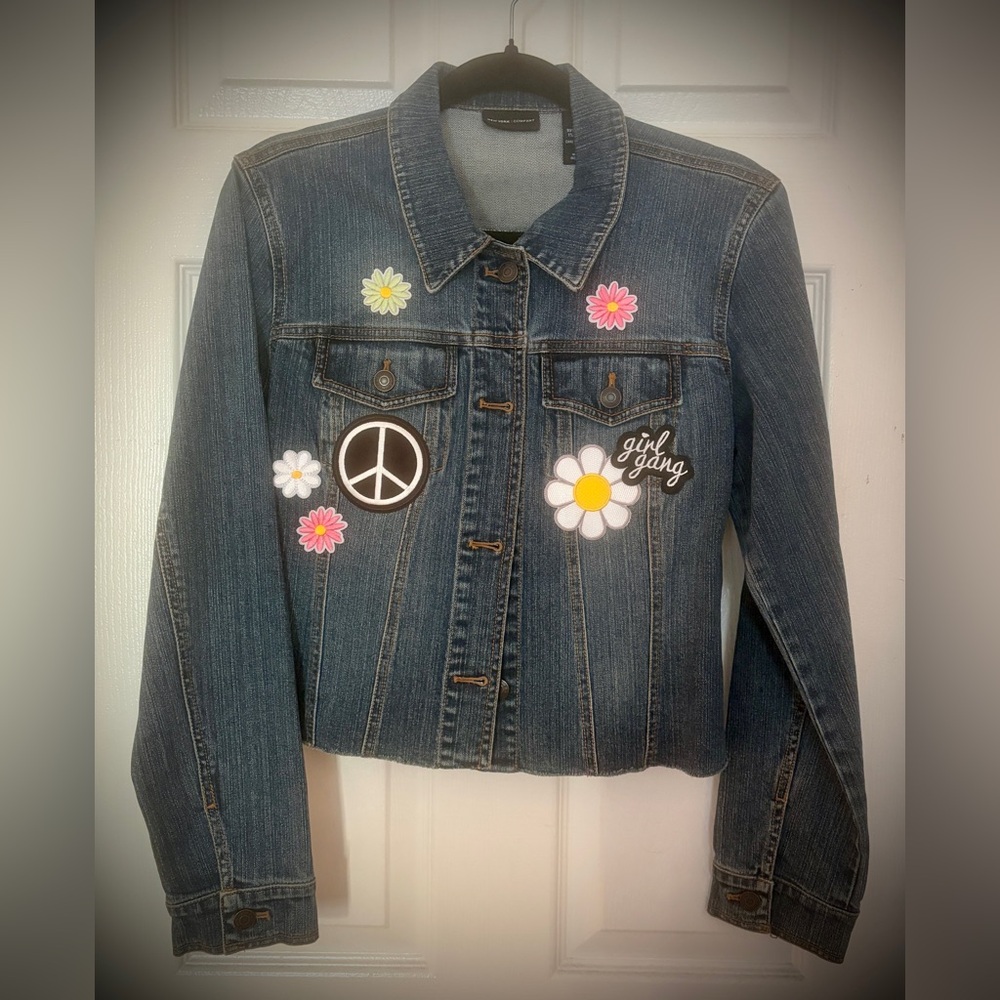Women’s Embellished Up-cycled Denim Jacket with iron on Daisy & Peace Patches